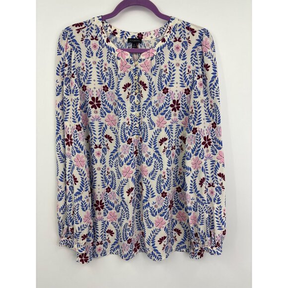 Talbots Floral Henley Blouse Long Sleeve Rayon Blue Pink XL - Picture 1 of 7